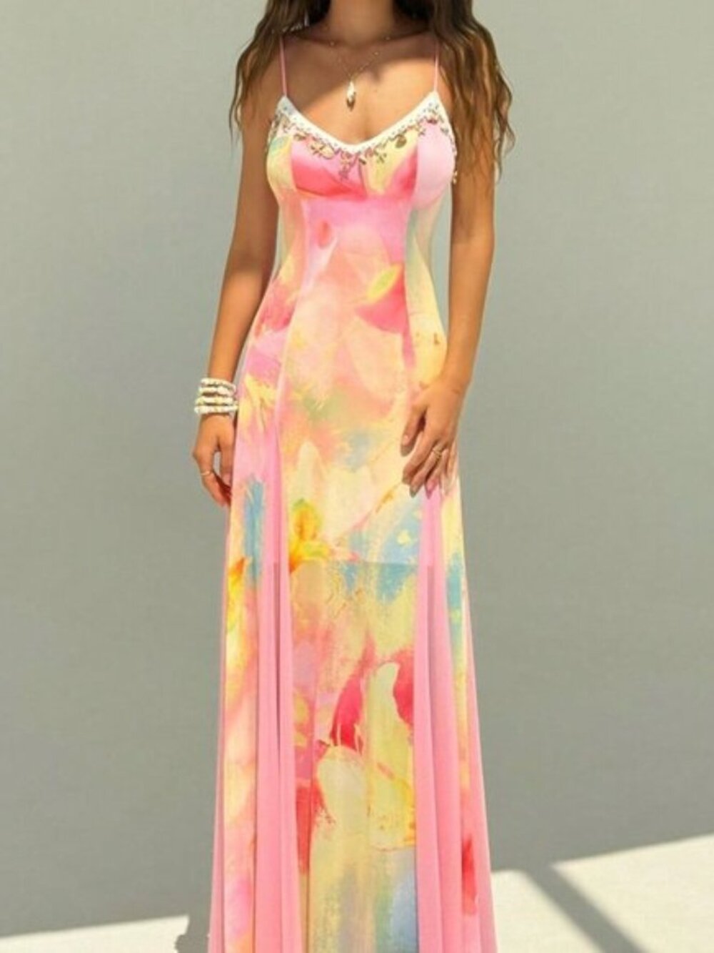 Pink Boho Romantic Women's Vacation Floral Maxi Dress